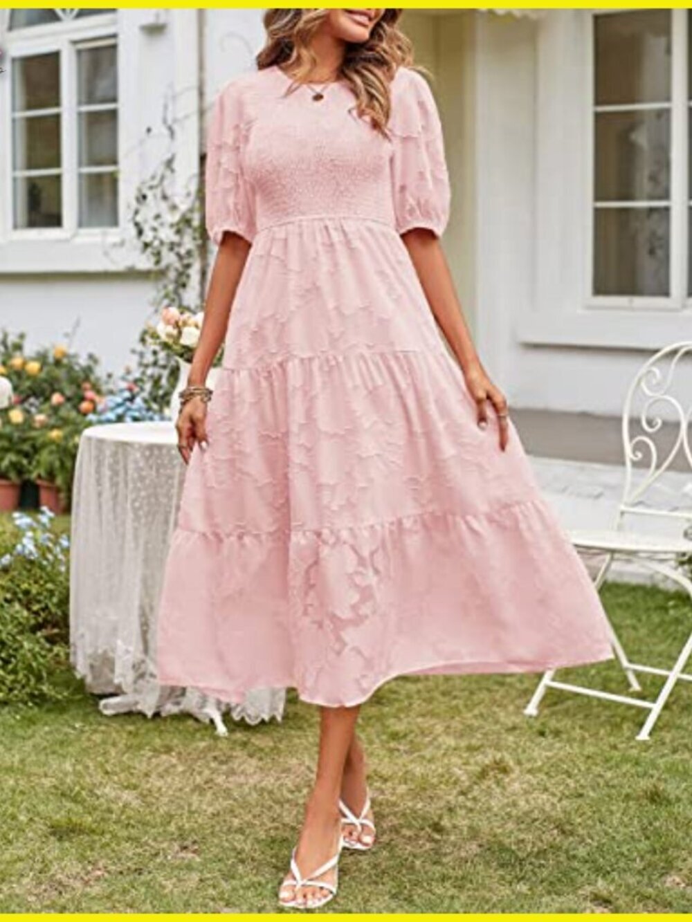Summer Puff Sleeve Smocked Floral Dress Elegant Midi Tiered A-Line - Picture 2 of 7